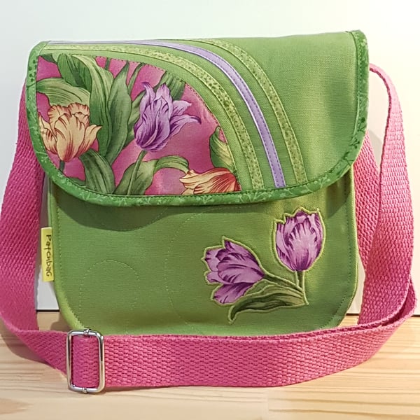 Shoulder Bag,Tulips on lime green