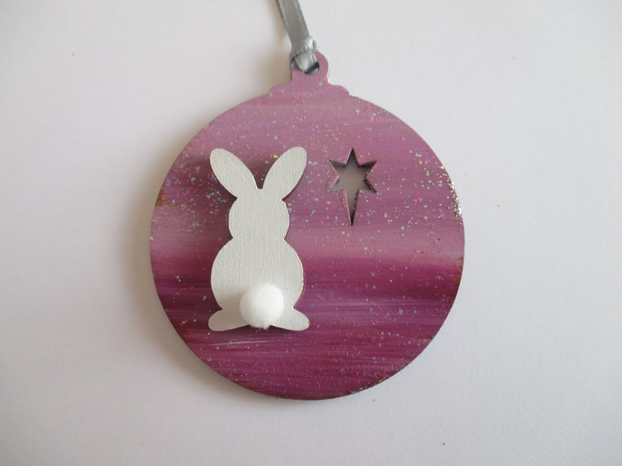 Bunny Rabbit Christmas Tree Bauble Decoration Wood Wooden Pink Hanging