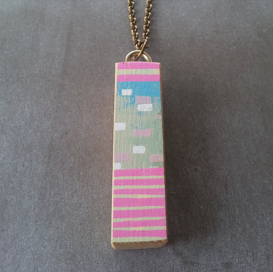 Hand Printed Wooden Necklace - Wooden Pendant - Reclaimed Wood Jewellery