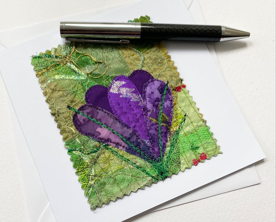 Up-cycled embroidered spring crocus garden card small artwork.