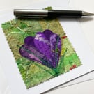 Up-cycled embroidered spring crocus garden card small artwork.