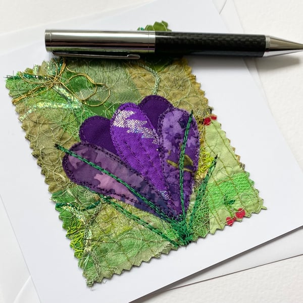 Up-cycled embroidered spring crocus garden card.