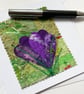 Up-cycled embroidered spring crocus garden card small artwork.