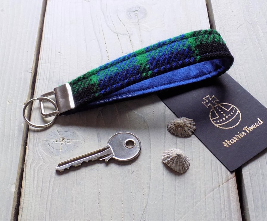 Harris Tweed key fob wrist strap in cobalt blue, emerald green and black