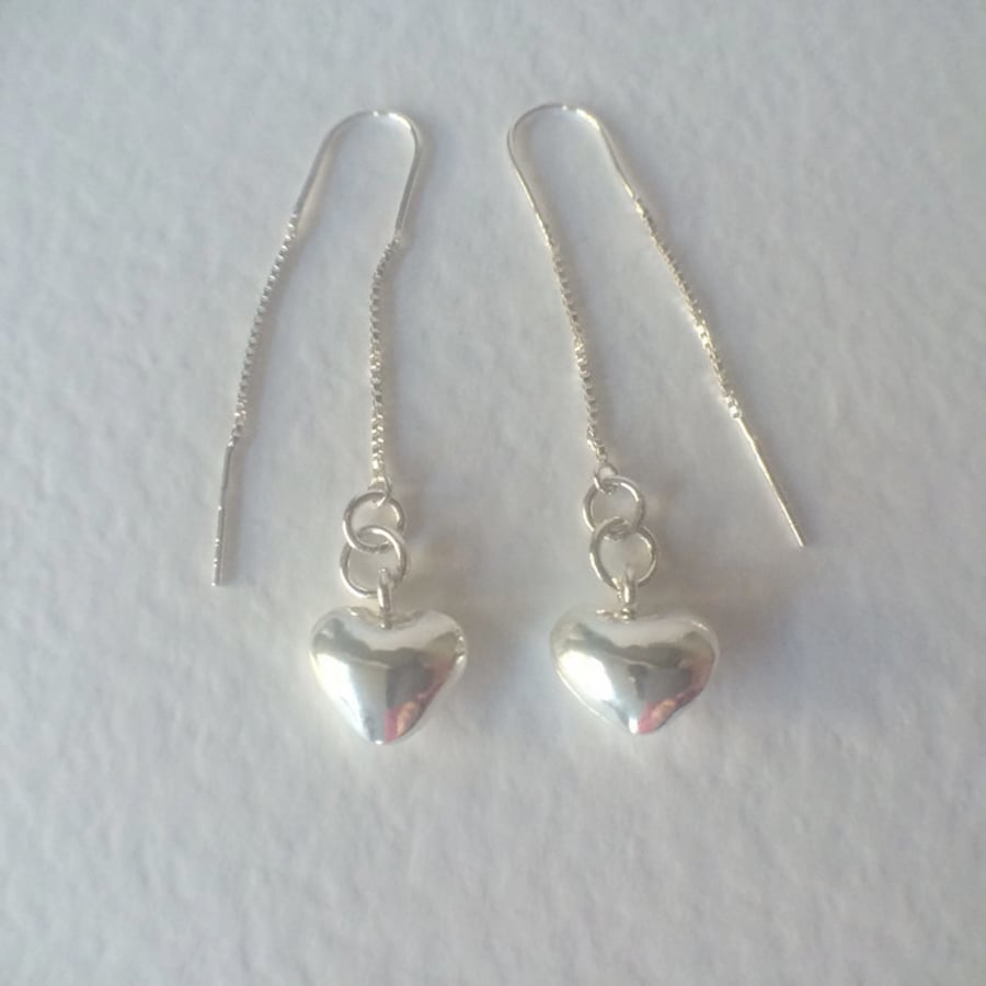 Sterling Silver Long Dangle Heart Threader Earrings Contemporary Jewellery