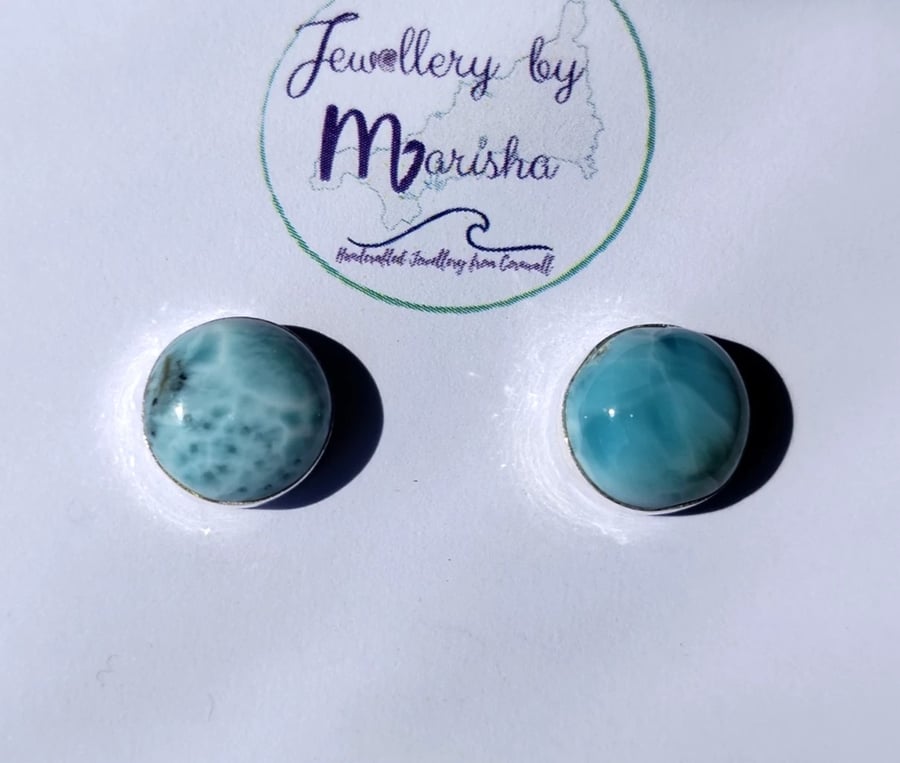 Larimar Studs Earrings Sterling Silver Jewellery Gift 12mm Round Rare Gemstone