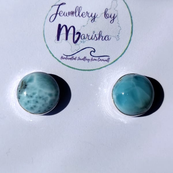 Larimar Studs Earrings Sterling Silver Jewellery Gift 12mm Round Rare Gemstone