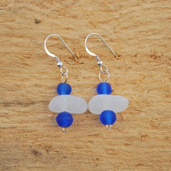 Seaglass earrings with blue beads