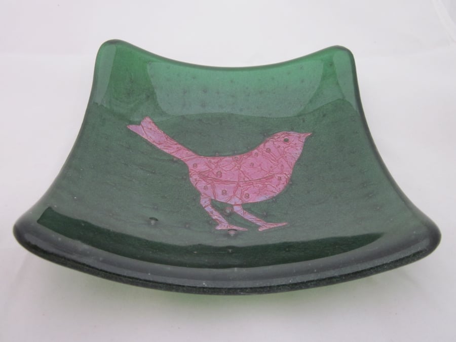 Hand made fused glass candy bowl - copper sparrow on sparkling green aventurine