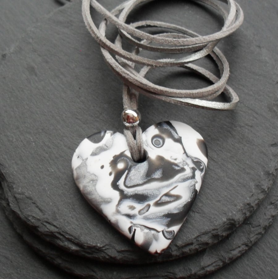Black Silver and White Polymer Clay Pendant