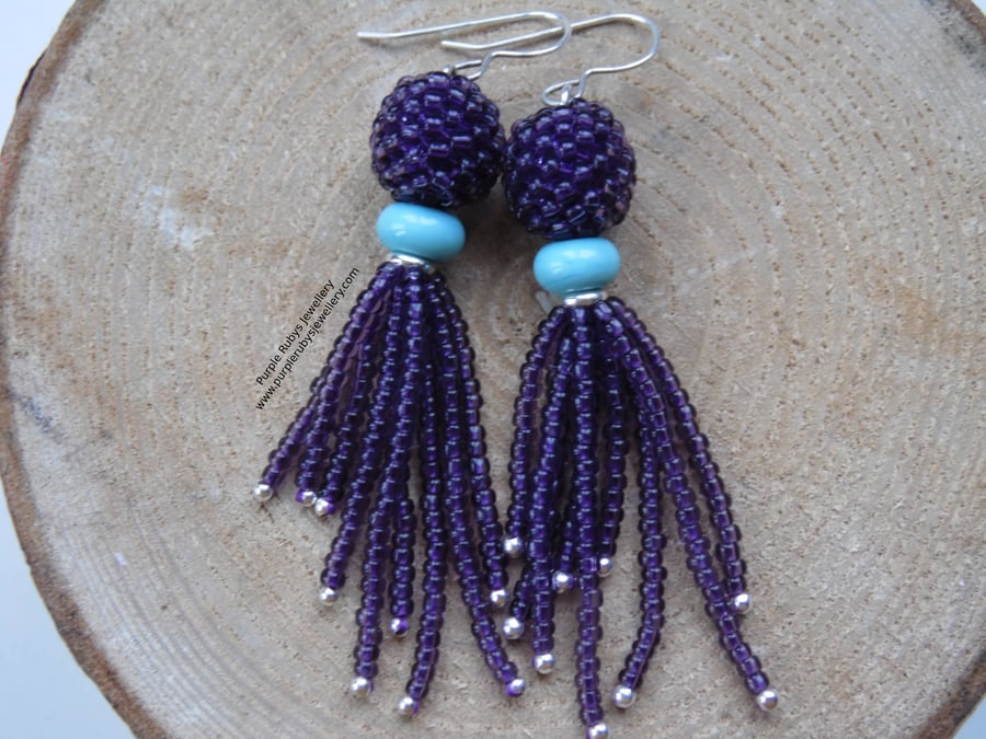 Deep Purple & Turquoise Tassel Beaded Boho Sterling Silver Earrings E578