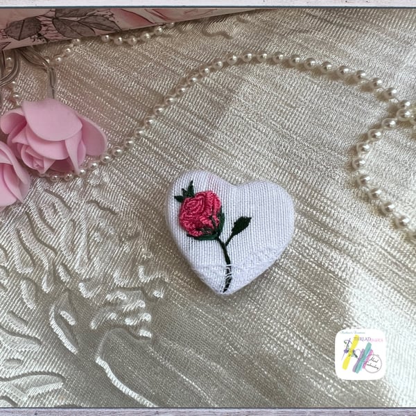 Hand Embroidered Brooch, pink rose brooch, Valentine s Day gift , gift for her, 