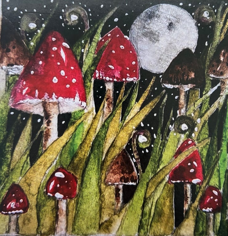  Whimsical Wild Mushrooms and Ferns  in Moonlight Woodland Watercolour Print