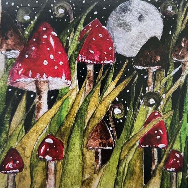  Whimsical Wild Mushrooms and Ferns  in Moonlight Woodland Watercolour Print