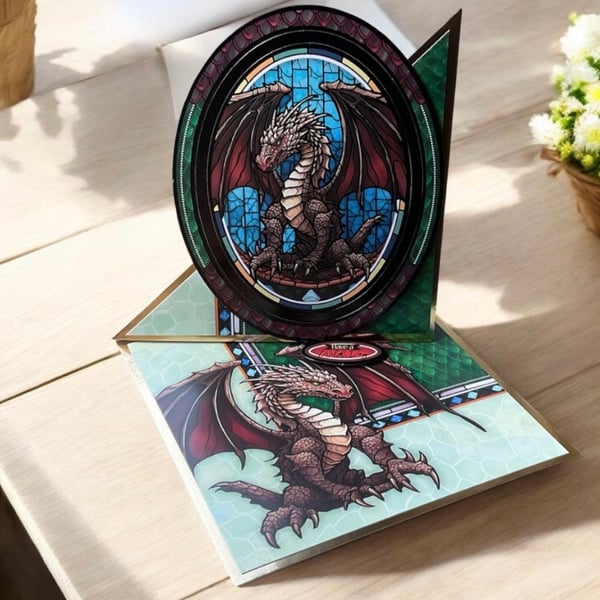 Stained Glass Dragon Castle Twisted Easel Birthday Card - Unique Fantasy Card