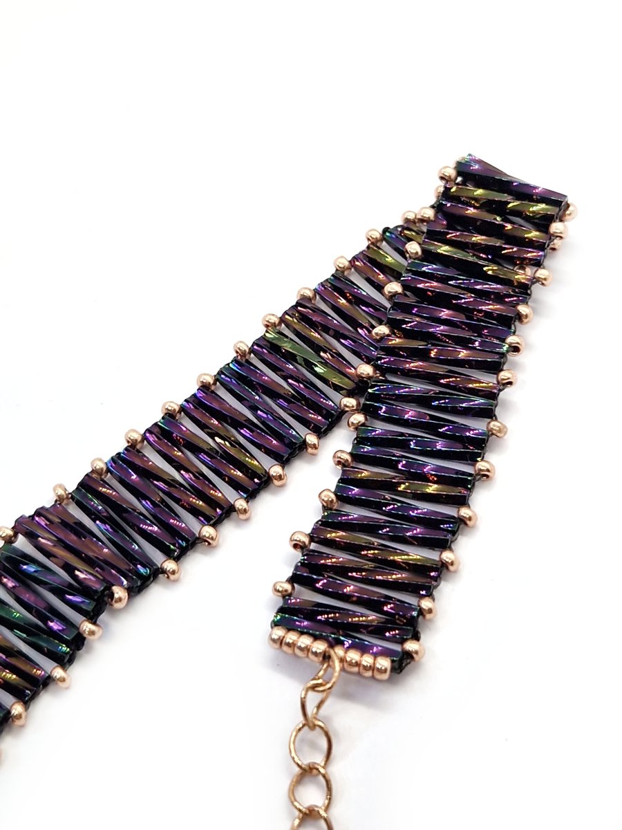 Pearlesent purple twisted bugle bead and rose gold seed bead bracelet