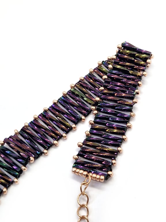 Pearlesent purple twisted bugle bead and rose gold seed bead bracelet