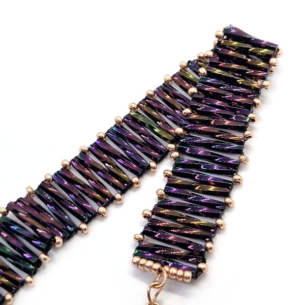 Pearlesent purple twisted bugle bead and rose gold seed bead bracelet