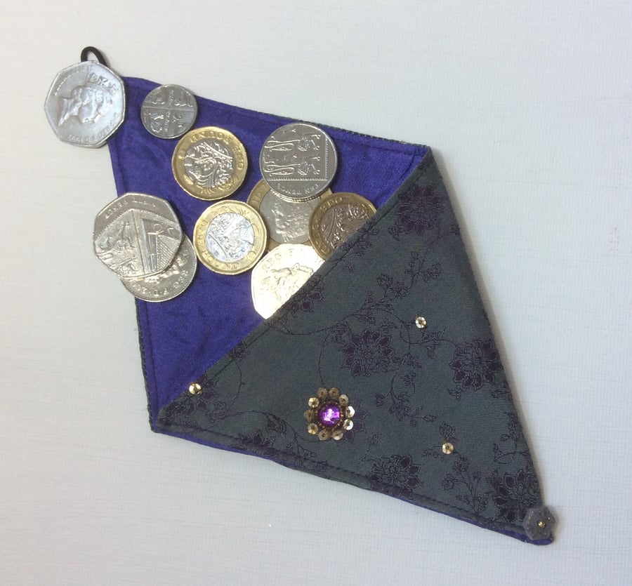  Small Triangular Coin Purse, gift bag, grey green fabric, sequins, jewels