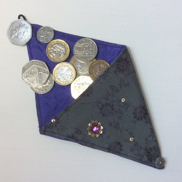  Small Triangular Coin Purse, gift bag, grey green fabric, sequins, jewels