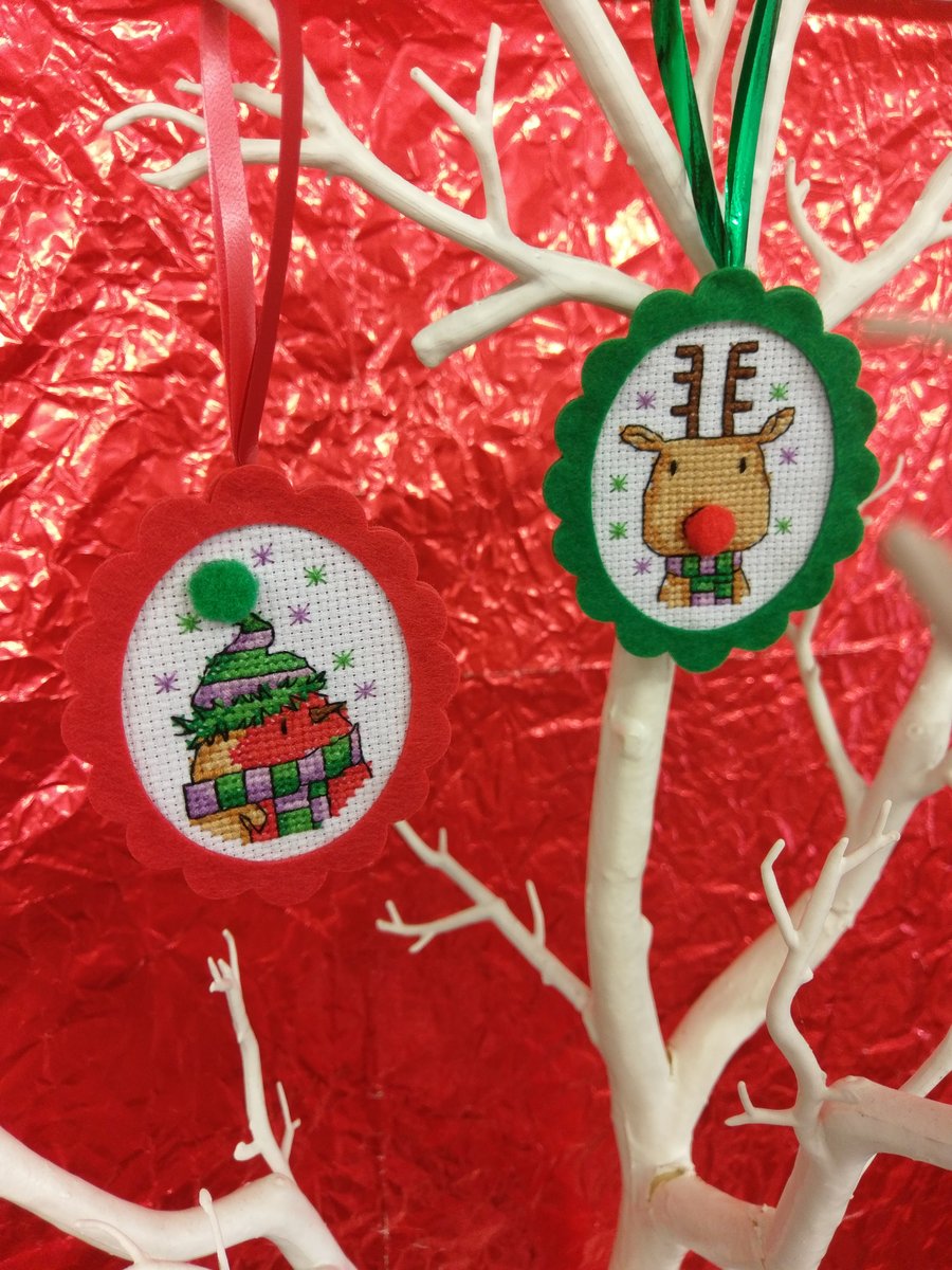 2 Cross stitch Christmas tree ornaments, featuring Rudolf and Robin 