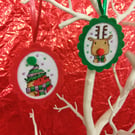 2 Cross stitch Christmas tree ornaments, featuring Rudolf and Robin 