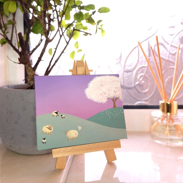 Spring Landscape Mini Painting - sheep and lamb art with cherry blossom tree