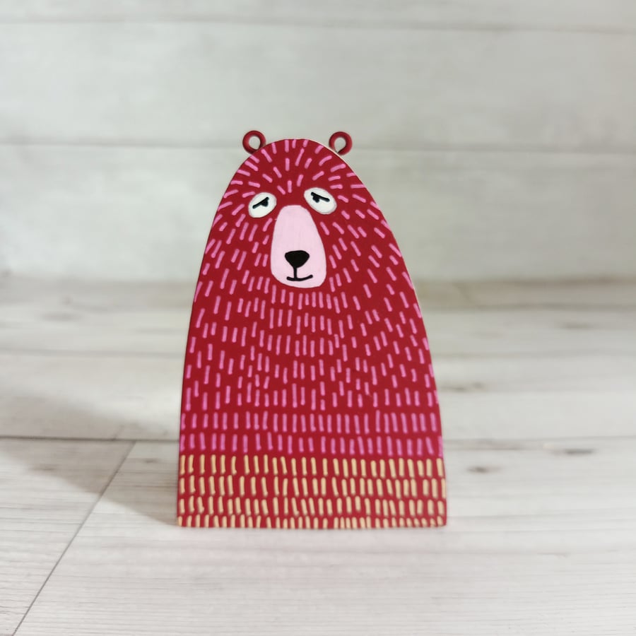 Burgundy Bear, Handmade Wooden Bear