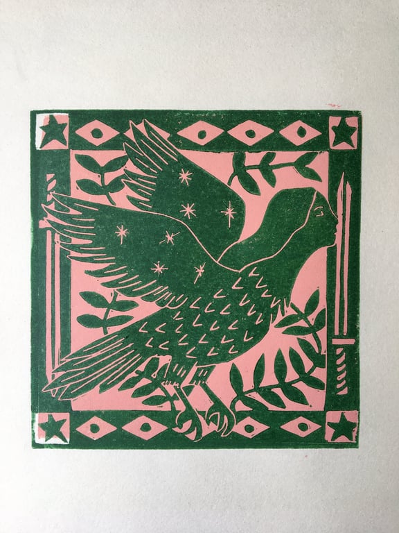 Harpy, two layer linocut print on paper.