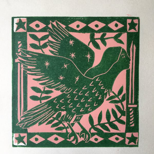 Harpy, two layer linocut print on paper.