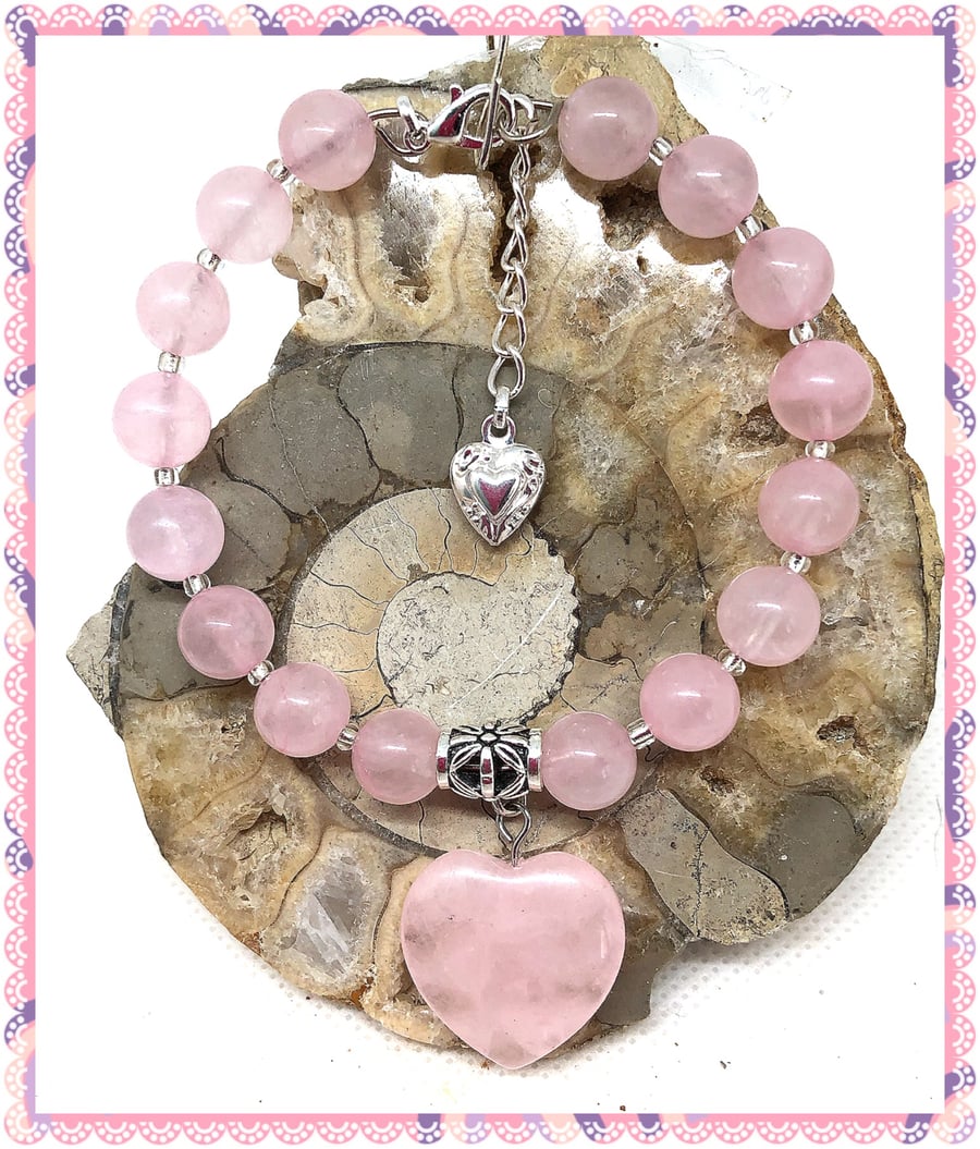 OOAK Rose Quartz gemstone heart bangle style bracelet 