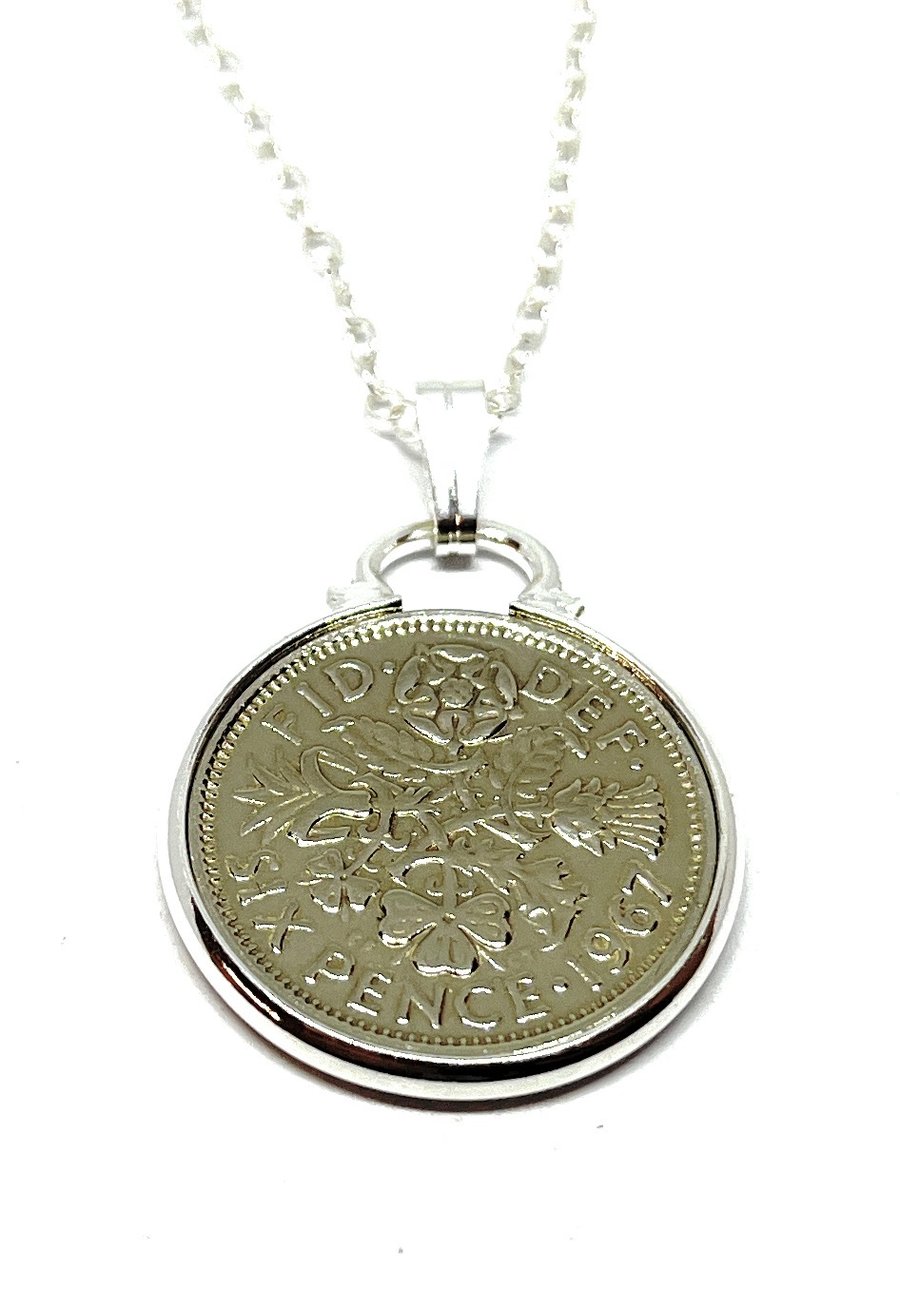 1967 57th Birthday Anniversary sixpence coin pendant plus 20inch SS chain gift