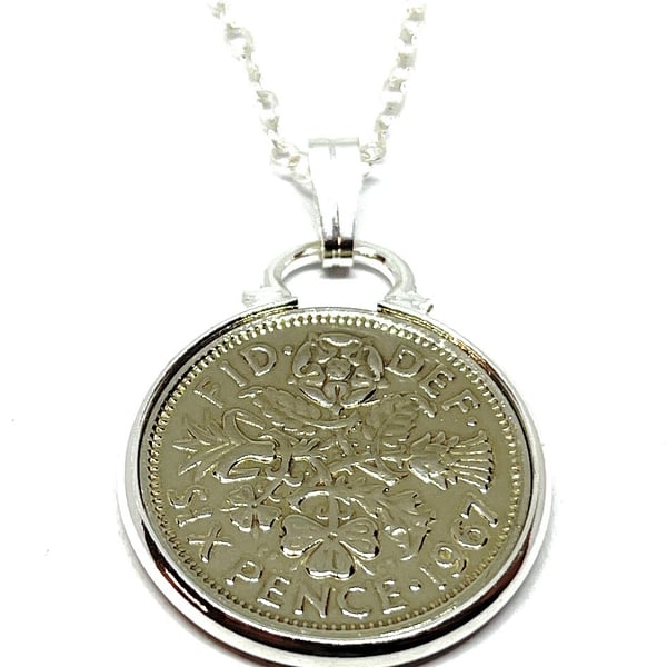 1967 57th Birthday Anniversary sixpence coin pendant plus 20inch SS chain gift