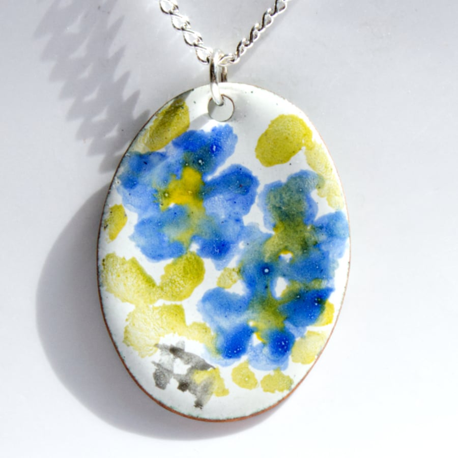 painted enamel pendant - blue flowers
