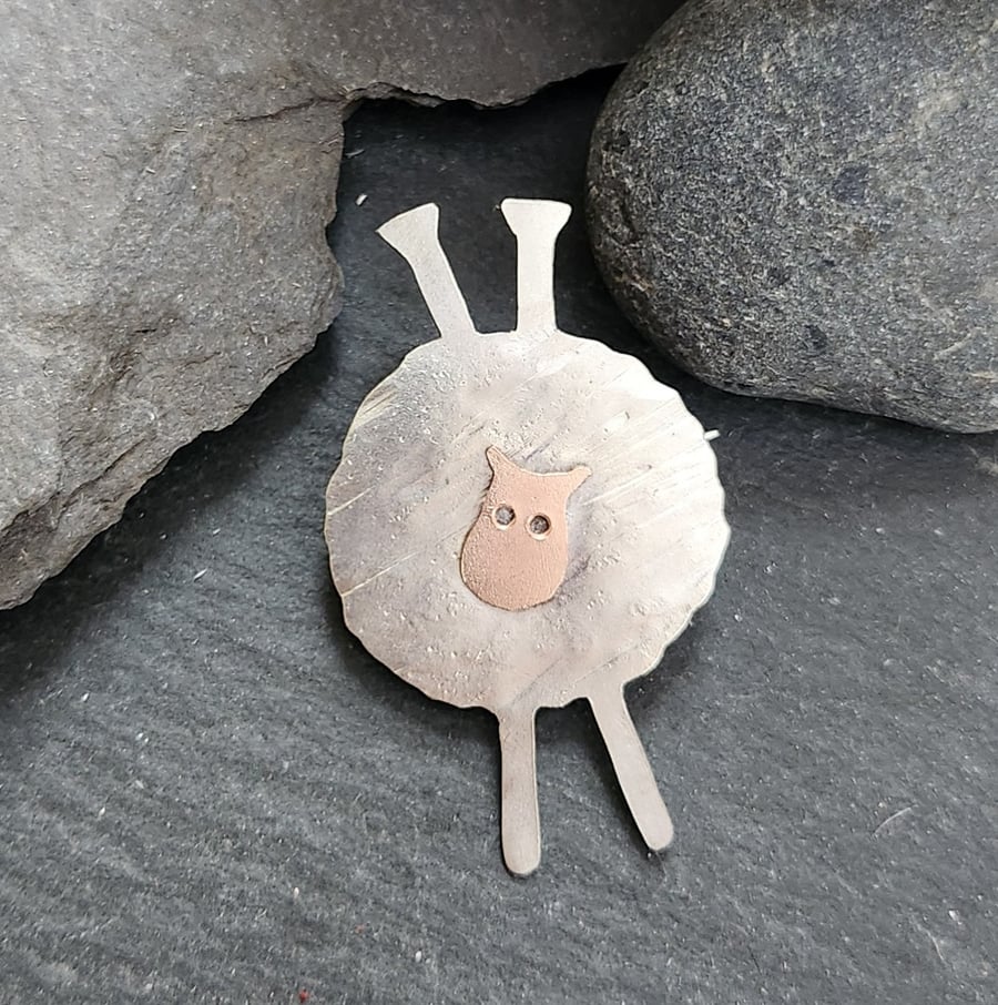Knitting needle sheep brooch in sterling silver and copper