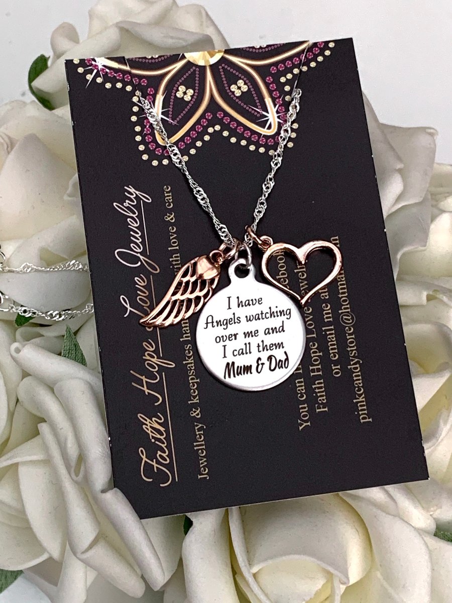 Mum & Dad Heaven Pendant Rose Gold Wing & Heart On 925 Sterling Silver Chain 