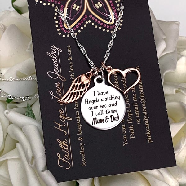 Mum & Dad Heaven Pendant Rose Gold Wing & Heart On 925 Sterling Silver Chain 