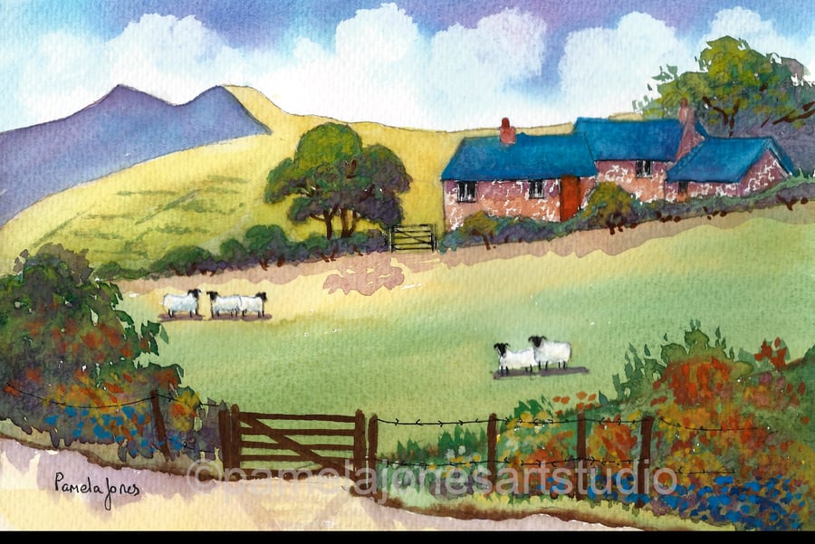 Hillside Cottage, Sheep, Brecon Beacons, Watercolour Print in 14 x 11'' Moun