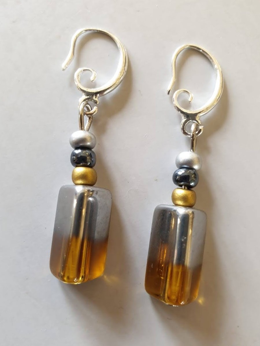     Perfectly Imperfect Amber and dark silver rectangular cube bead earrings
