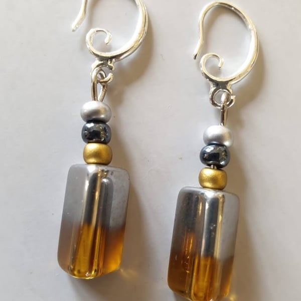 Amber and dark silver rectangular cube bead earrings