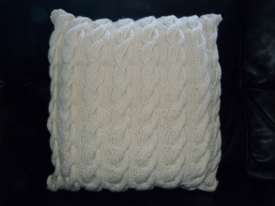 Hand Knit 100% Pure Wool  16"  Aran Cushion Cover with Button Back