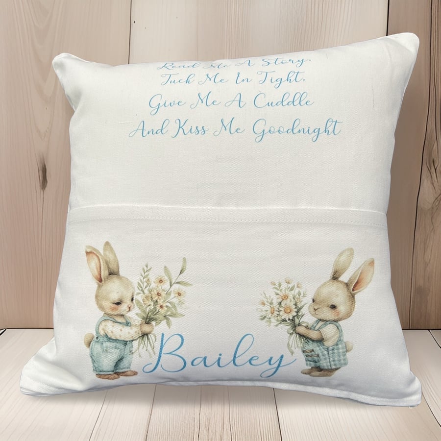 Personalised reading cushion rabbit bunny bunnies Christening Easter Baby Shower
