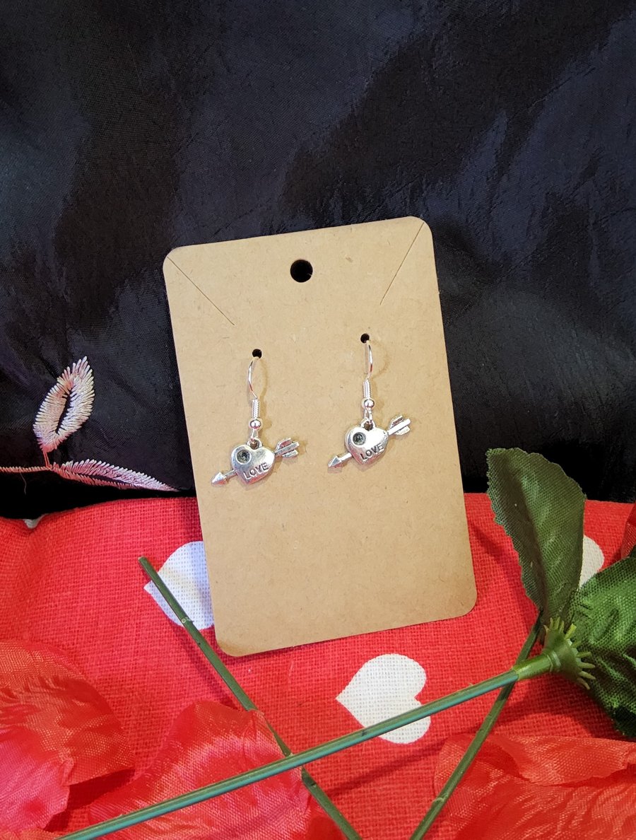 Valentines Earrings - Silver Love Heart and Arrow