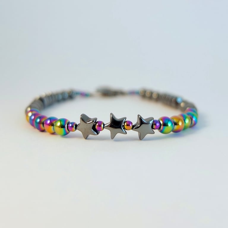  Rainbow & Black Hematite Star Bracelet, Birthday, Anniversary, Gifts For Her
