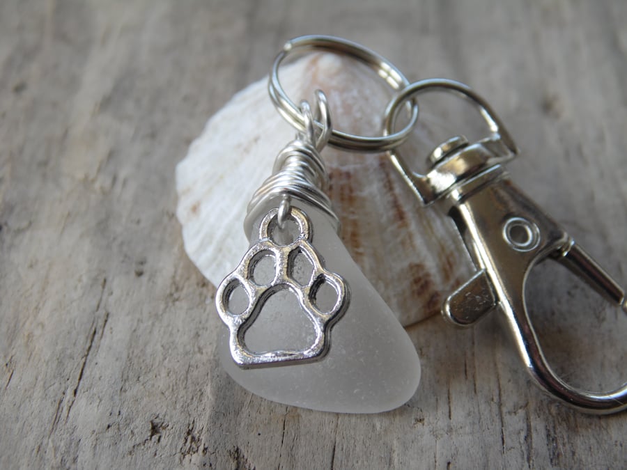 White Cornish Sea Glass with Paw Print Charm Keyring Bag Charm K747