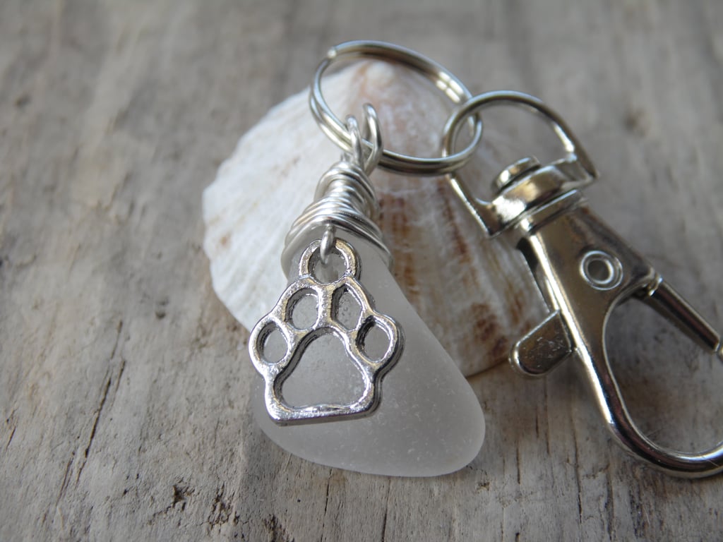 White Cornish Sea Glass with Paw Print Charm Keyring Bag Charm K747