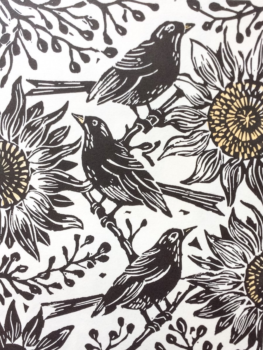 Blackbird and Sunflowers Lino Cut Print