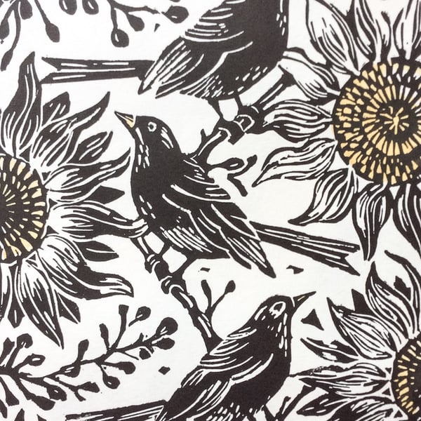 Blackbird and Sunflowers Lino Cut Print