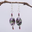 Purple Green and White Large Faceted Bead Earrings