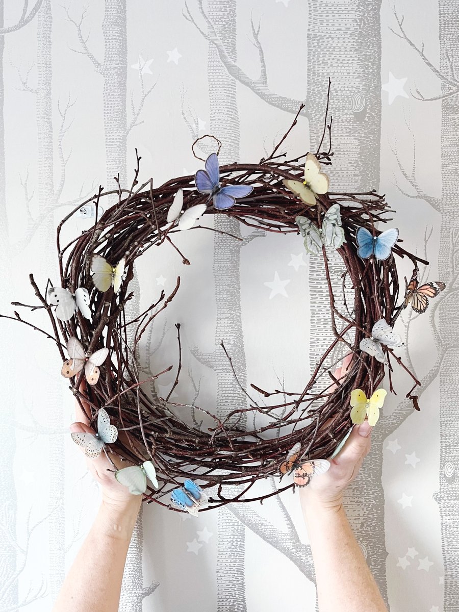 Spring door wreath with silk butterflies